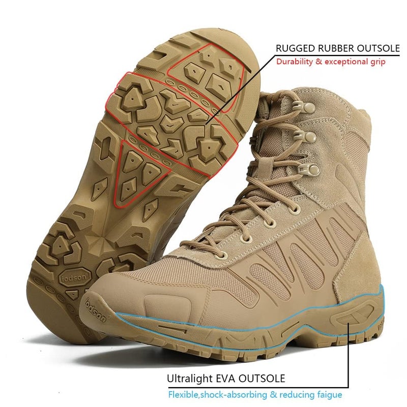 IODSON Menâ€™s Military Tactical Boots - Lightweight & Durable Work Boots for Outdoor, Combat, Jungle, Hiking & Backpacking - Anti-Slip - Brown, Size 9.5 - Image 2